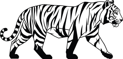 Tiger walking silhouette vector illustration, black and white wild cat graphic, jungle predator emblem, feline animal profile for logo design © Champa