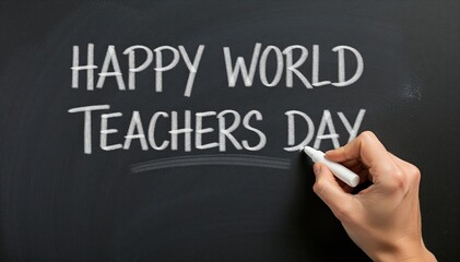Fototapeta premium World Teachers Day: Celebrating educators with a heartfelt message, a hand writes Happy World Teachers Day on a chalkboard, conveying appreciation and gratitude for teachers.
