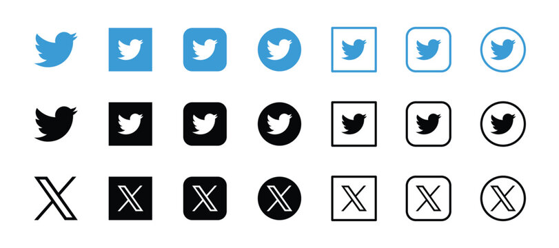 twitter and x social media logo icons set blue black square round outline collection