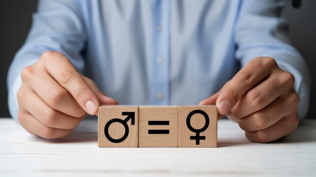 Person's hands holding wooden blocks with male and female symbols and equals sign representing gender equality concept