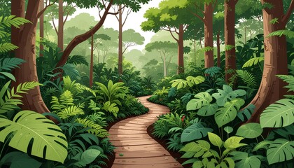 Obraz premium Serene illustration of a wooden boardwalk path winding through a lush green tropical jungle with palm leaves.