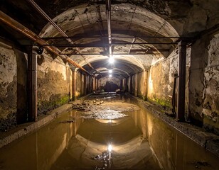 Obraz premium A long, arched, water-filled tunnel with lighting