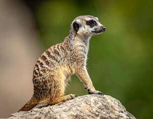Fototapeta premium A curious meerkat sits atop a rocky surface, observing its surroundings