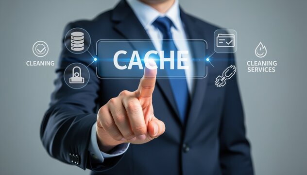 Financial Information Interaction: A professional, exuding authority, interacts with a virtual interface displaying the word cache, symbolizing data storage and digital interaction