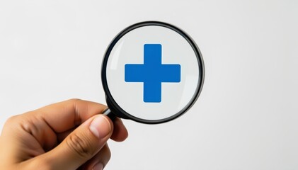 Obraz premium Magnifying health: a focused view of a blue plus sign held by human hand. this photo represents health-care, medical, and insurance concept. 
