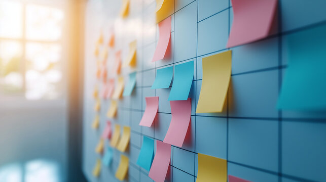 Colorful sticky notes arranged on blue wall for brainstorming and project planning