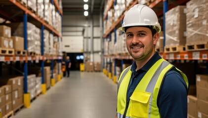 Warehouse Worker's Pride: A diligent warehouse worker, clad in safety gear, embodies competence and assurance, standing amidst towering rows of products within a well-organized storage space.