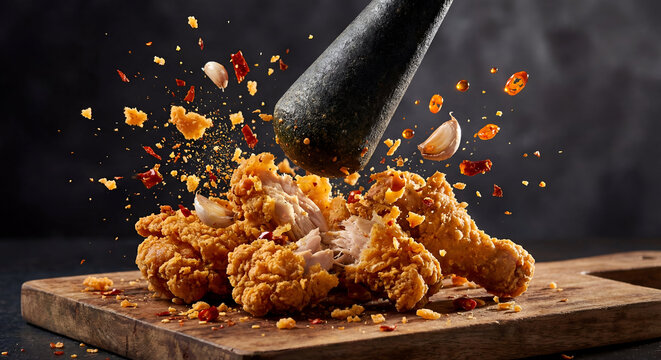 Action shot of smashing crispy fried chicken with spicy chili sambal using a stone pestle, Ayam Geprek Indonesian food