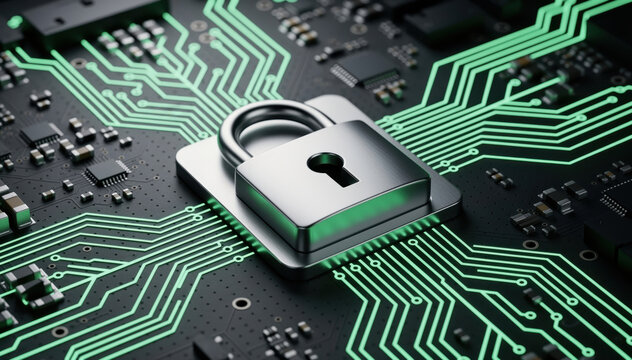 Digital Fortress: A close-up view of a high-tech circuit board, its intricate pathways and the prominent, gleaming padlock atop it, a symbol of security and protection in the digital realm.
