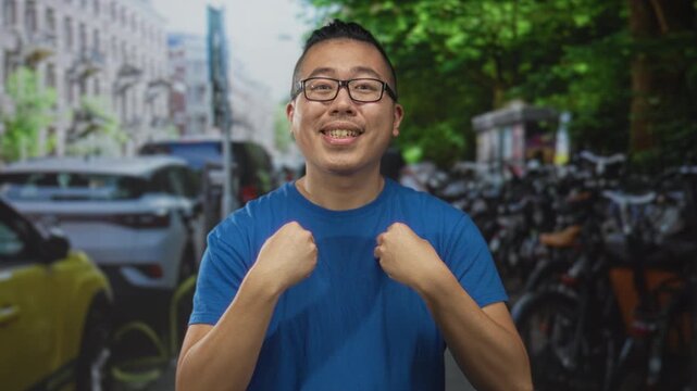 Young man in blue t shirt and glasses points to his chest with both fists on a busy city street beside parked bicycles and cars; pride.