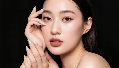 黒背景で金箔ネイルを見せる美しい日本人女性