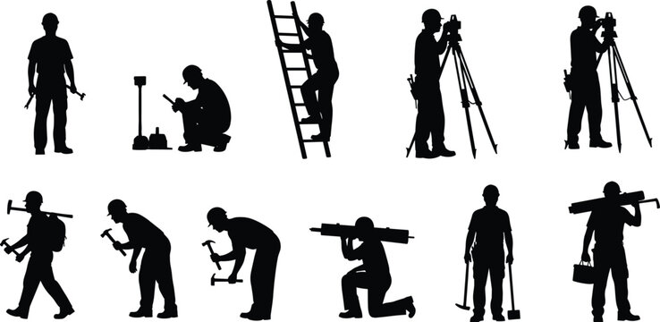 Black silhouette set of construction workers surveyors and laborers with tools and equipment isolated on white background for industrial vector,
