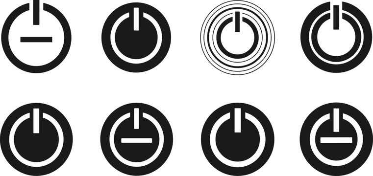 Black vector icon set of power standby buttons for concepts of electronic technology system start shutdown energy control and branding,
