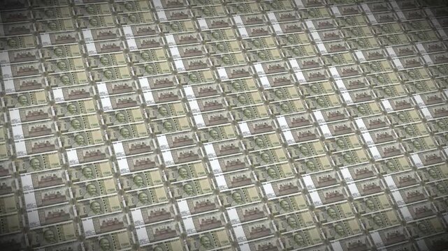 Full-frame background of new Indian 500 Rupee banknotes arranged in a neat, repetitive grid. The camera performs a smooth diagonal pan, highlighting the symmetry and professional organization of India