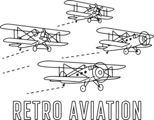 Retro Aviation Biplanes in Formation - Vintage Aircraft Line Art Illustration © amodha