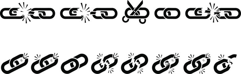 Fototapeta premium Black vector silhouette icon set of broken chain links and disconnected metal rings for concepts of freedom escape and branding