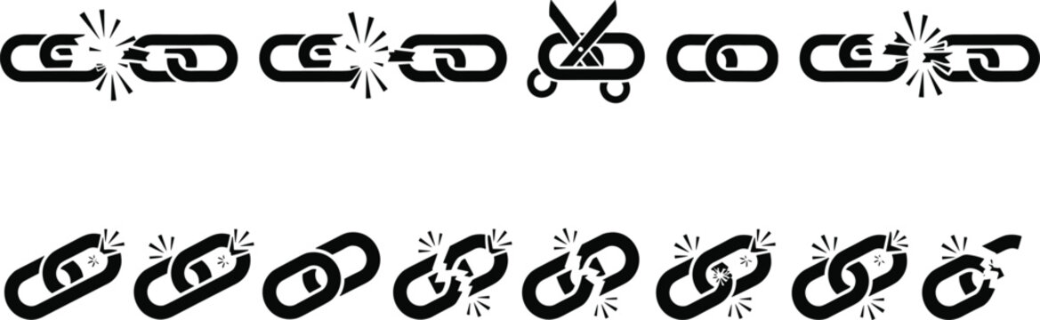 Black vector silhouette icon set of broken chain links and disconnected metal rings for concepts of freedom escape and branding