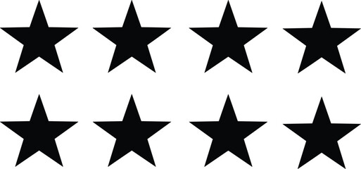 Obraz premium Black vector silhouette icon set of eight five point stars for concepts of rating quality ranking favorite reviews and branding,