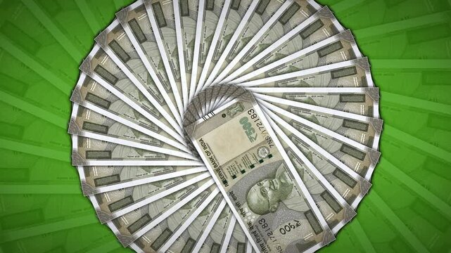 500 Indian Rupee notes fanning out in a circular motion on a green background. Excellent for showing a collection of wealth or savings.