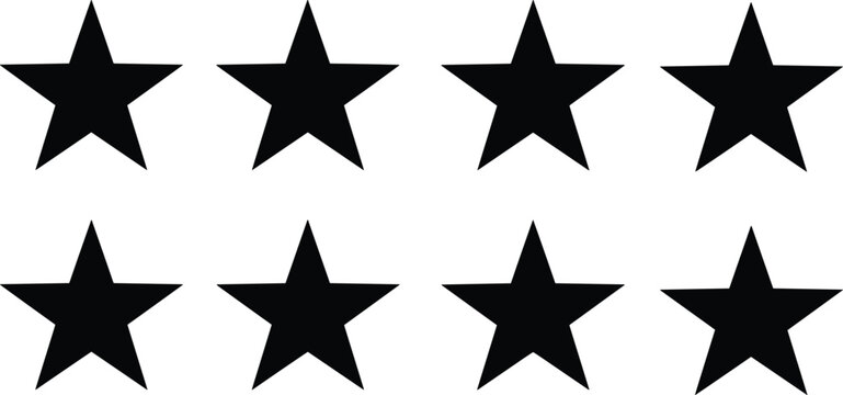 Black vector silhouette icon set of eight five point stars for concepts of rating quality ranking favorite reviews and branding,