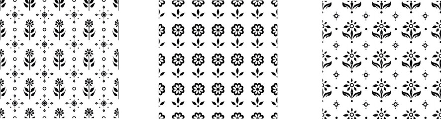 Set of Minimalist Black and White Floral Patterns and Geometric Ornamental Backgrounds