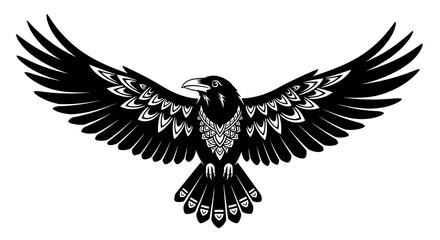 Fototapeta premium Stylized, detailed black raven with outstretched wings, intricate feather patterns, white background
