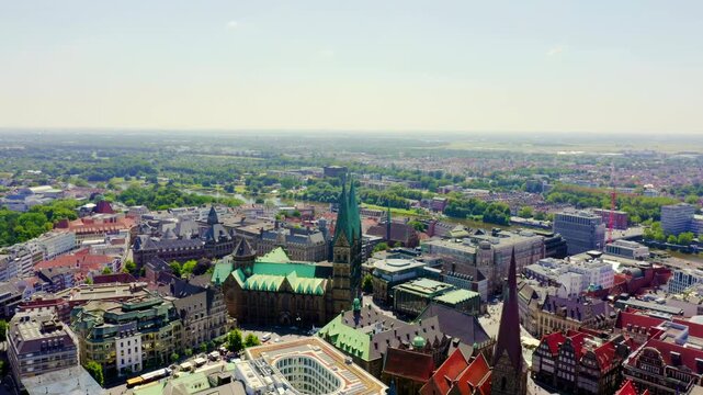 Bremen, Germany. The historic part of Bremen, the old town. Bremen Cathedral ( St. Petri Dom Bremen ). View in flight. Drone footage, Point of interest, Point of interest