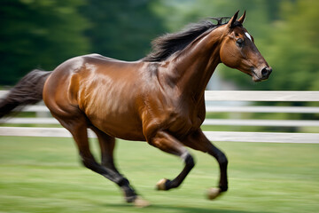 Obraz premium A brown horse with a black mane and tail runs quickly across a green field outdoors