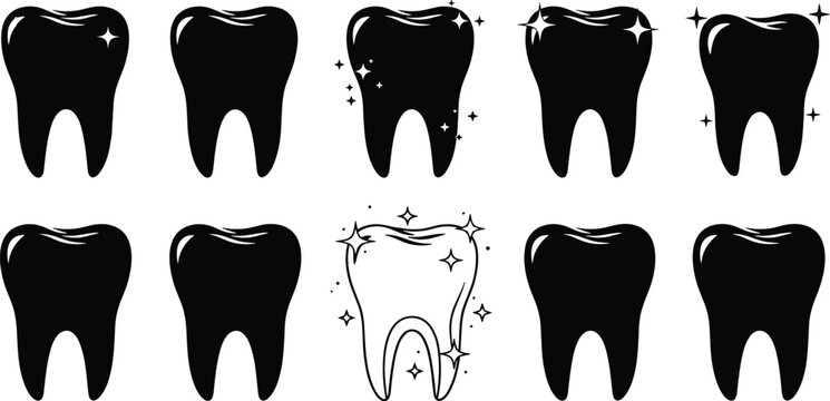 Black vector silhouette icon set of human teeth with sparkles for concepts of dental health oral hygiene dentistry and branding,