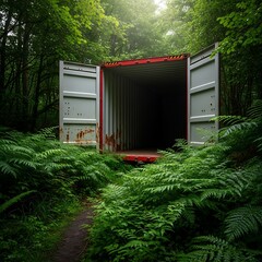 Abandoned Shipping Container Overgrown with Lush Green Ferns and Forest Foliage.