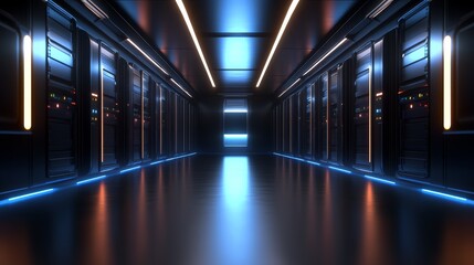Vast computer server room hallway with endless rows of data storage racks modern data center hallway filled with server racks.