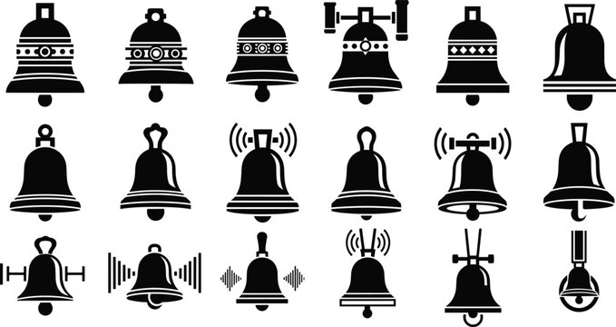 Black vector silhouette icon set of various bells for concepts of notifications alerts alarms church signals school bells and branding