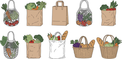 Set of eco-friendly grocery bags including paper bags mesh net bags and wicker baskets filled with fresh vegetables and bread on grey background © Shakhawat