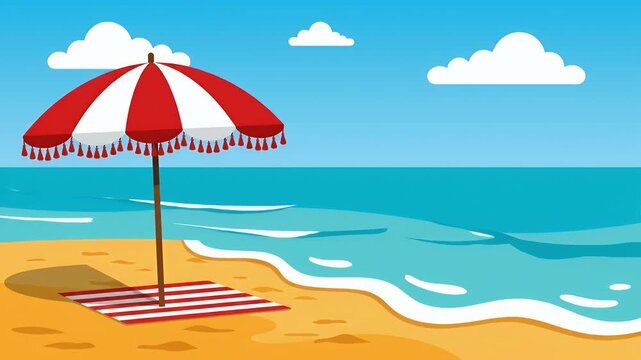 Red white striped beach umbrella and towel on sandy ocean shore