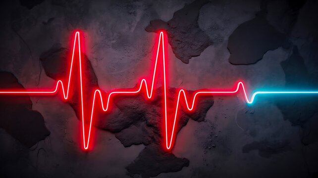Neon heartbeat pulse graphic on dark textured background