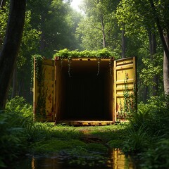 Abandoned Shipping Container Overgrown with Lush Green Vegetation in a Sun-Dappled Forest.