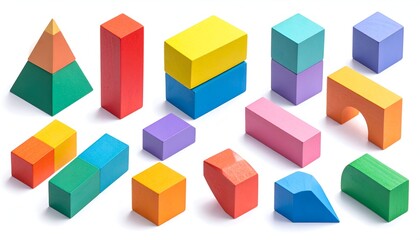 Obraz premium Colorful wooden toy blocks of varying shapes on a white background