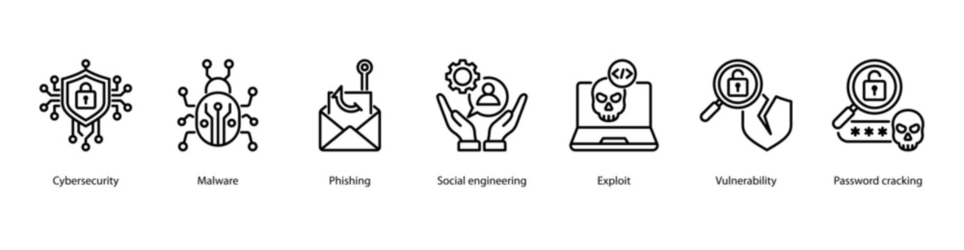 Cybersecurity Fundamentals web banner illustration featuring Cybersecurity, Malware, Phishing, Social engineering, Exploit, Vulnerability, and Password cracking.