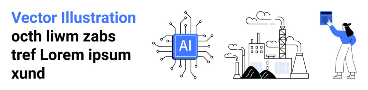 Artificial intelligence, industry, technology, automation, data analysis, innovation. Central AI chip with circuit board elements, industrial factories and person analyzing data. Artificial