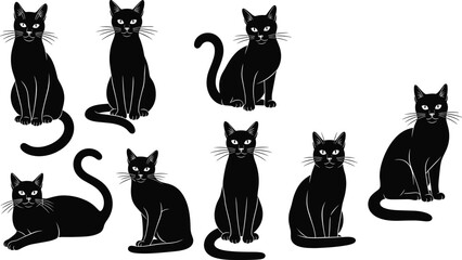 Black cat silhouette illustration set, elegant sitting and lying feline poses spooky animal vector collection isolated on white background minimal design © Itz Nur