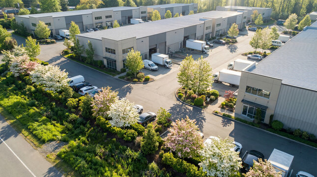 Aerial view of modern industrial park with multiple grey warehouse buildings, active loading docks, delivery trucks, and green landscaping