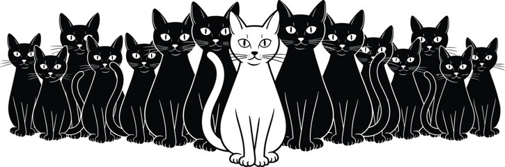 Cat silhouettes group illustration, black and white feline crowd with one white cat, minimalist animal vector design for posters, logos, prints © Itz Nur