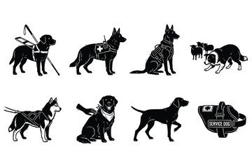 Collection of Working and Service Dog Vector Icons in Black and White Silhouette