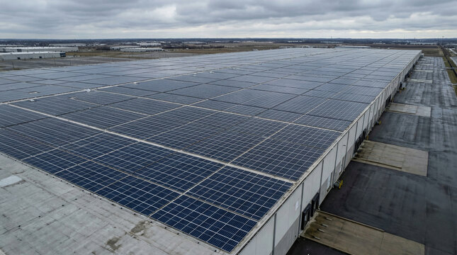 Aerial photograph of an industrial building featuring a large-scale rooftop solar panel installation, promoting sustainable energy and green technology