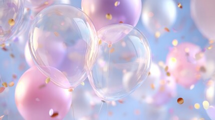 Soft pastel balloons floating with confetti