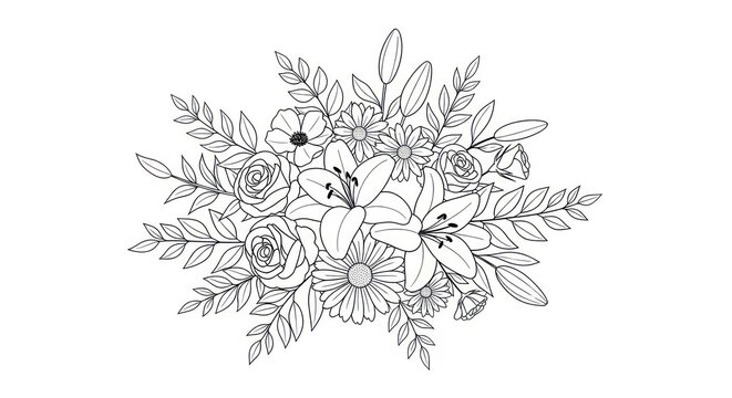 Elegant floral bouquet outline illustration featuring roses lilies and daisies creating a delicate