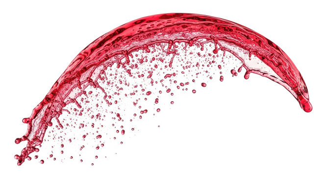 A vibrant, ruby-red liquid splash, like fruit juice, captured mid-air in a powerful arcing wave with detailed droplets, against a transparent background. Concept for beverage advertising