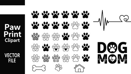 Dog paw print clipart vector set, pet footprint icons with hearts heartbeat dog mom text, veterinary themed black and white design collection