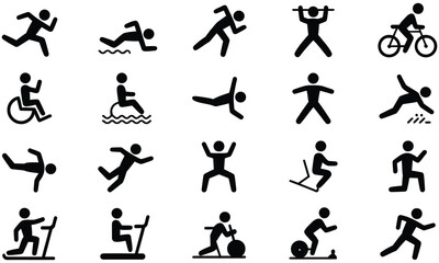 Sport and fitness activity icons showing exercise movements

