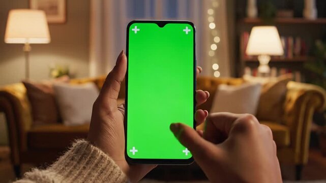 Woman's hands interacting with a green screen smartphone in a comfortable evening living room.